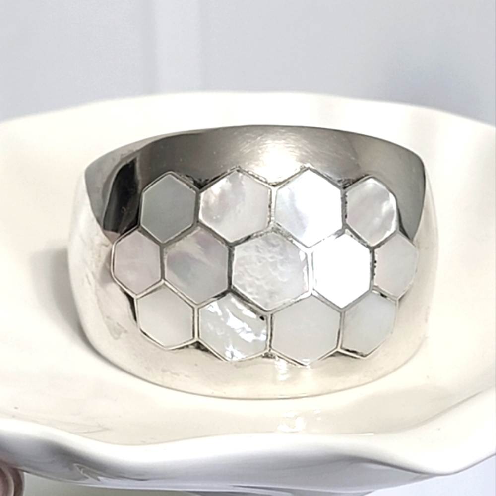 Vintage Boho Chunky Large Silver Pearl Hexagon Hive Open Cuff Bangle Bracelet